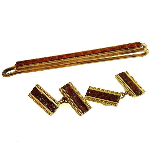 Vintage Faux Leather Cufflinks Set with Tie Bar Loose Chain Link Cuff Links - Picture 4 of 5